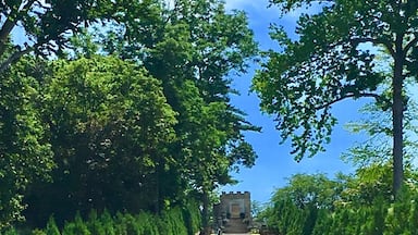 Un long chemin rectiligne, bordé de haies et d’arbres soigneusement taillés, qui mène à un bâtiment situé au loin.