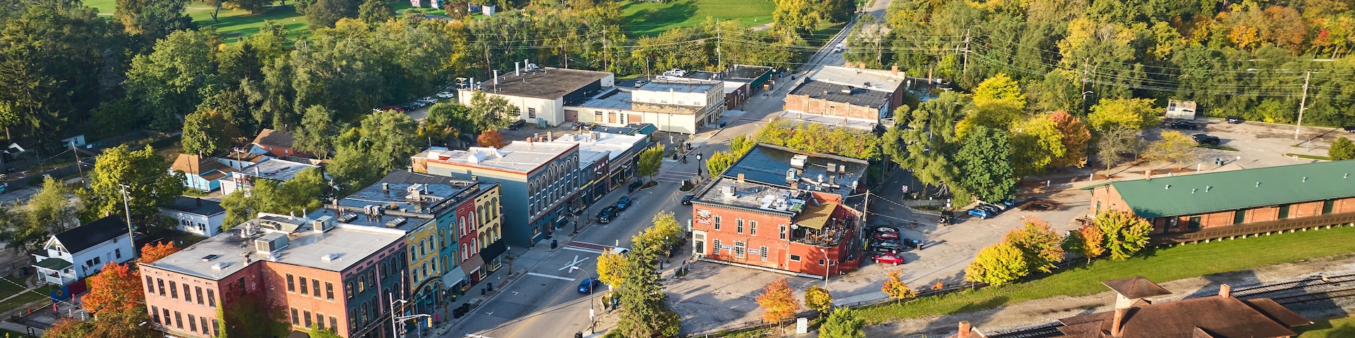 Aerial View of Small Town Charm and Suburban Autumn - Ypsilanti, Michigan