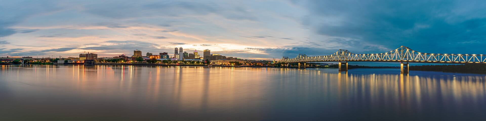 Panorama of Peoria Illinois Downtown Riverfront and Bridges at Sunset