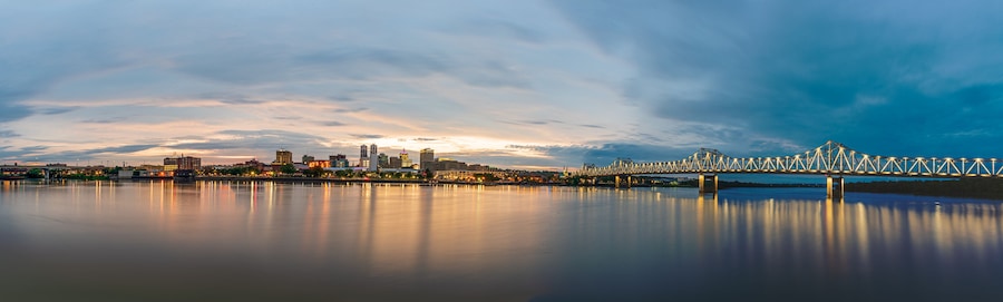 Panorama of Peoria Illinois Downtown Riverfront and Bridges at Sunset