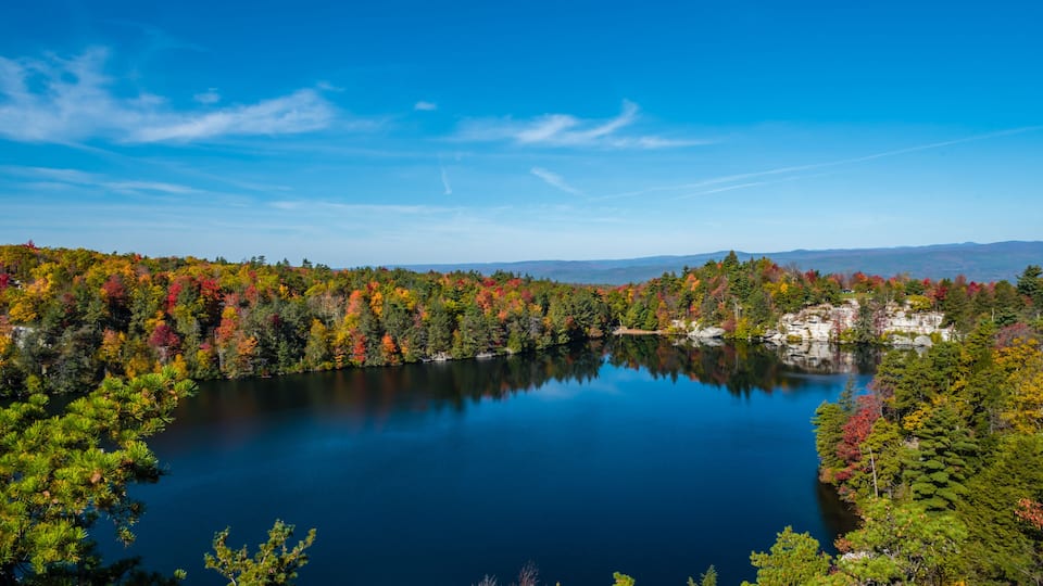 A beautiful lake scene on the top of a mountain in Autumn/Fall, Minnewaska State Park Preserve, New York