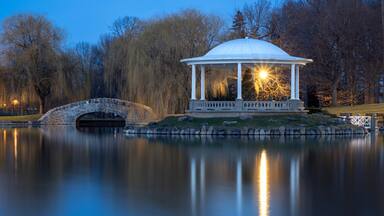 Night Closeup View of Hiawatha Lake Footbridge and Gazebo in Onondaga Park, Known Locally as Central Park in Syracuse, New York - One of the Most Visited Travel Destinations in Upstate New York.