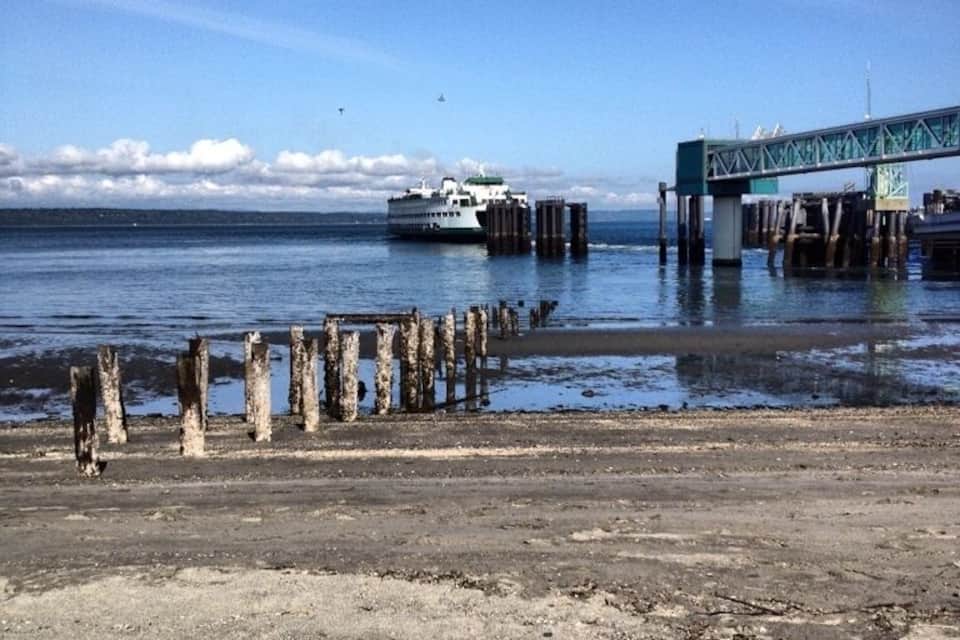 A ferry dock with a bridge, wooden posts, and a ship in the background.