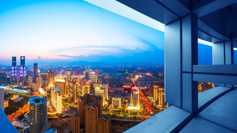 modern high-rise buildings line the new honggutan district in nanchang, jiangxi province. China's important manufacturing center and birthplace of the aviation industry