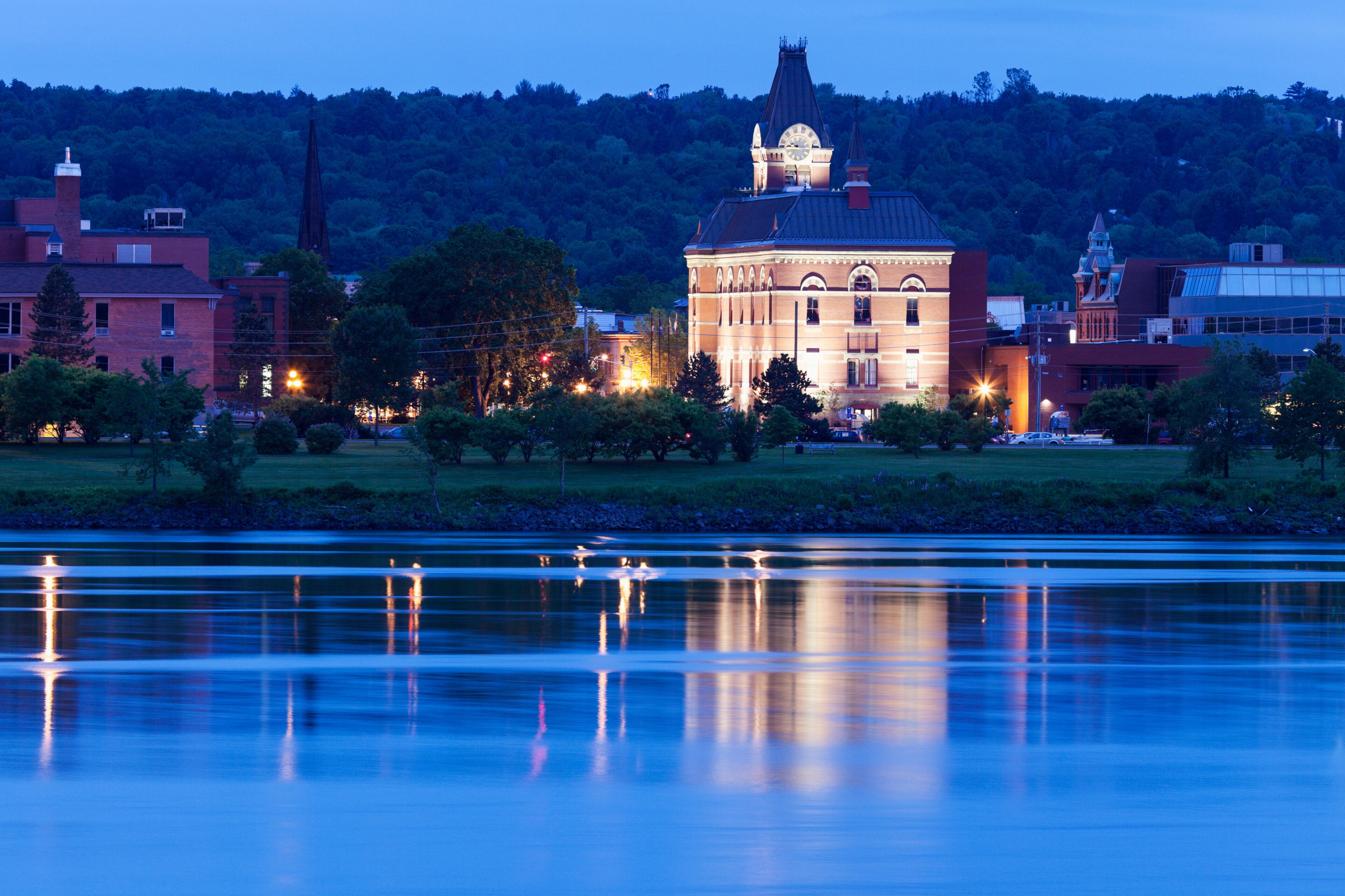 City hall by Saint John River at dusk