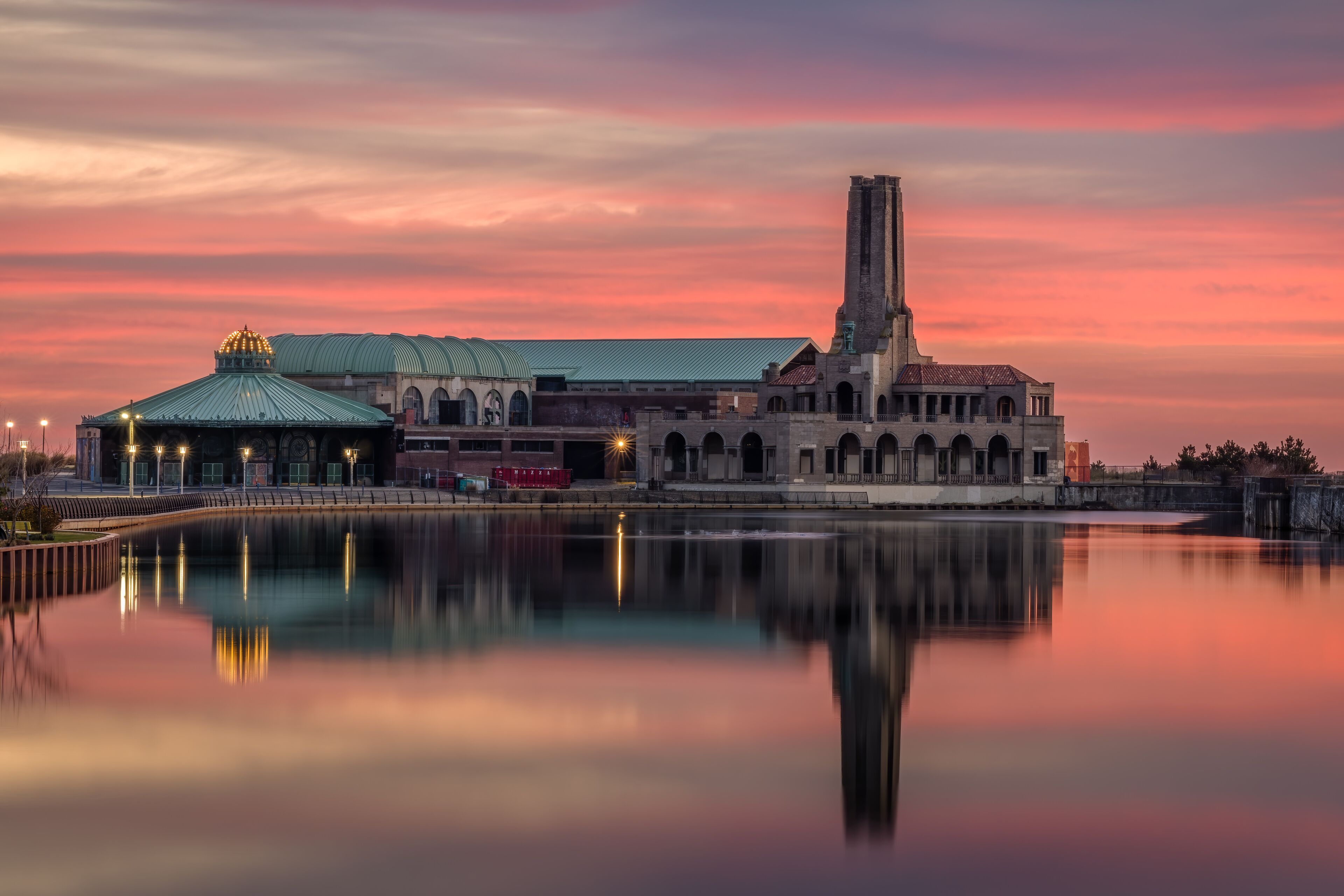 Historic Asbury Park Carousel House and Steam Plant at Sunrise with Reflections on Wesley Lake