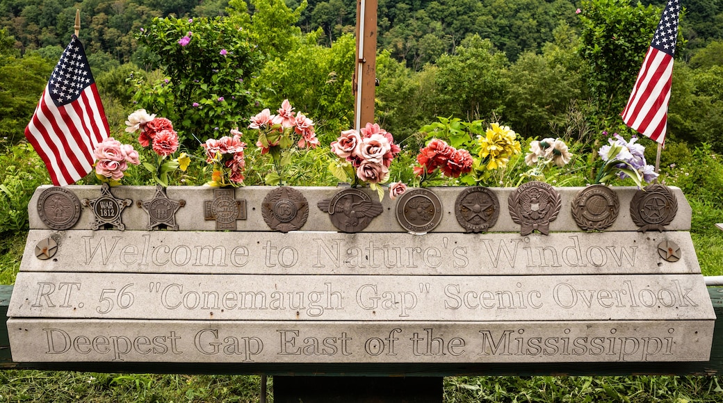 Memorial at Nature's Window Conemaugh Gap Scenic Overlook with flowers and American Flags.