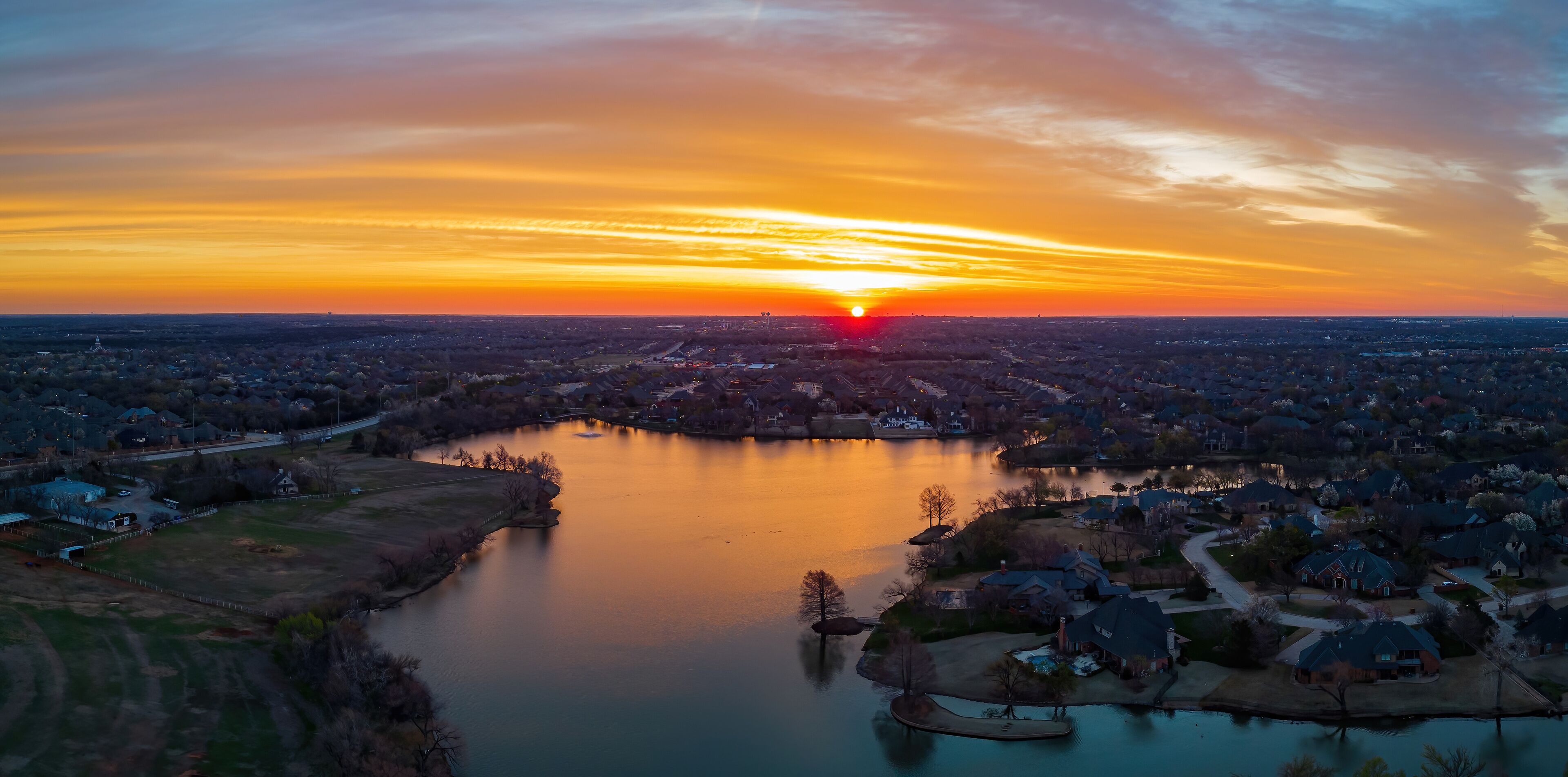Aerial view of the beautiful sunrise landscape over Edmond area