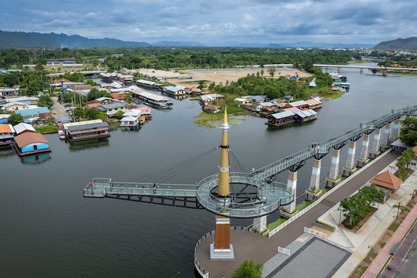 Aerial view of Skywalk Observation Deck made by transparent glass with beautiful Kanchanaburi city view by river at Kanchanaburi province Thailand.