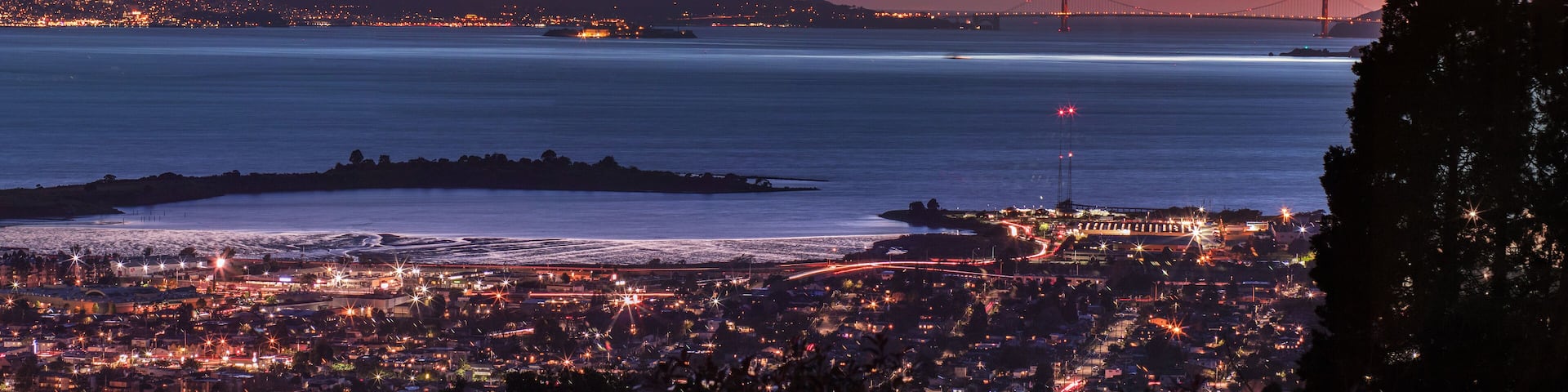 Panorama Night View of San Francisco Bay, East Bay, Oakland, Berkeley, Richmond, El Cerrito, Kensington