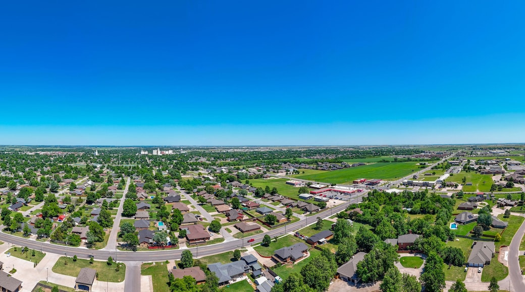 Aerial landscape of sunny summer day on Route 66 old small town El Reno Oklahoma OK Southwest