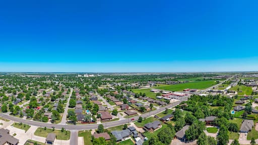 Aerial landscape of sunny summer day on Route 66 old small town El Reno Oklahoma OK Southwest