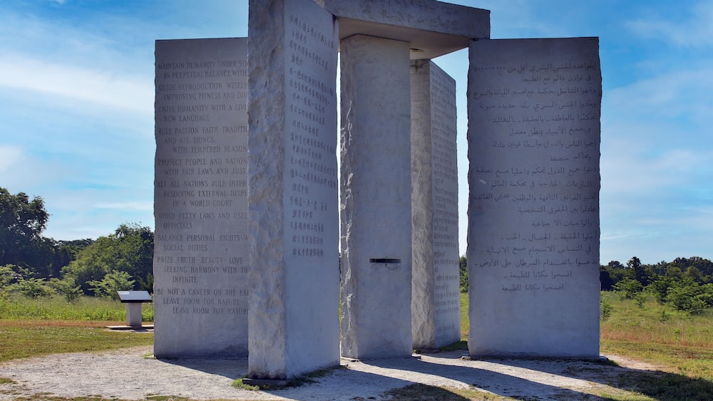 Shady view of Georgia Guidestones in Elberton, GA