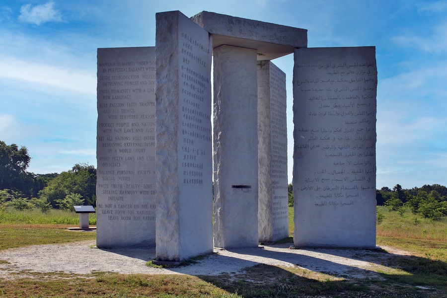Shady view of Georgia Guidestones in Elberton, GA