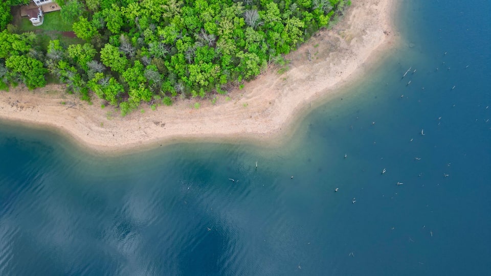 A coastal landscape with a sandy beach, dense green forest, and clear blue waters.