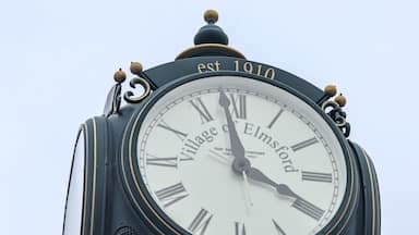 street clock detail in elmsford, new york (westchester, downtown village near tarrytown) greeburgh (ornate clock with roman numerals for hours and fancy hands) close up