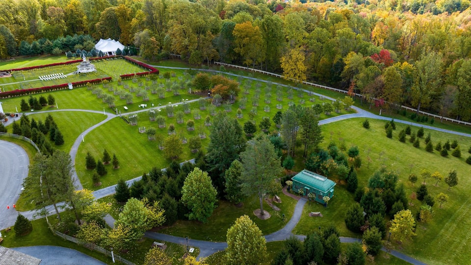 An aerial view of a landscaped garden with a gazebo, neatly trimmed hedges, and a variety of trees.