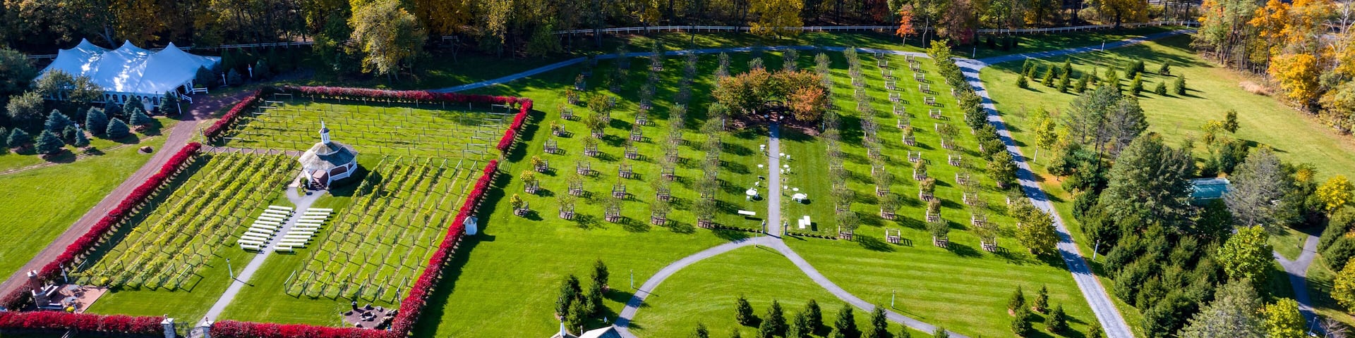 Elizabethtown, Pennsylvania, October 22, 2023 - An Aerial View of a Gazebo, Vineyard and Orchard, in Autumn With Fall Colors