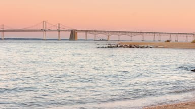 A bridge over water with a beach in the foreground.