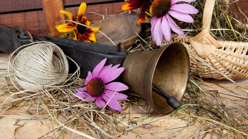 A rustic setting with a metal bell, a woven basket, and flowers on a wooden surface.