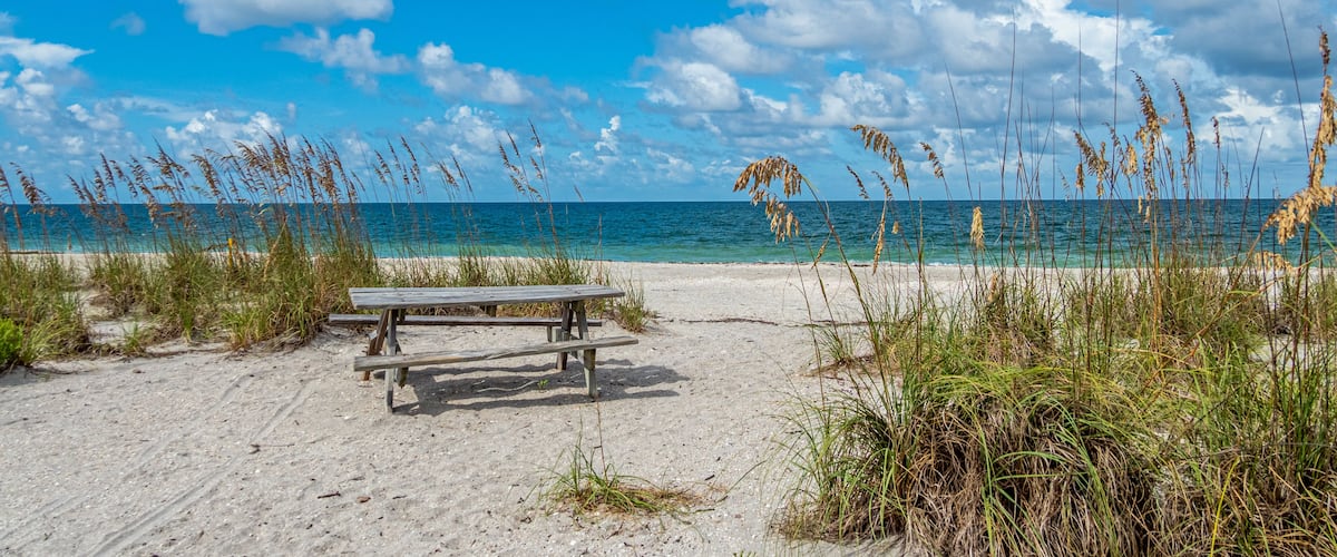 Picnic table on beach at Stump Pass State Park on the Gulf of Mexico in Englewood in Southwest Florida