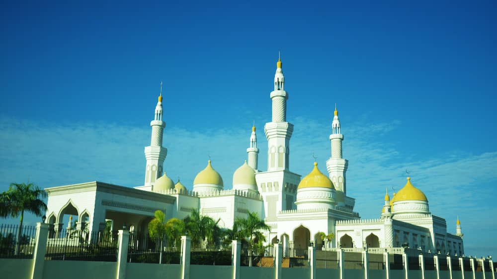 A large mosque with multiple domes and minarets, surrounded by a fence and palm trees.