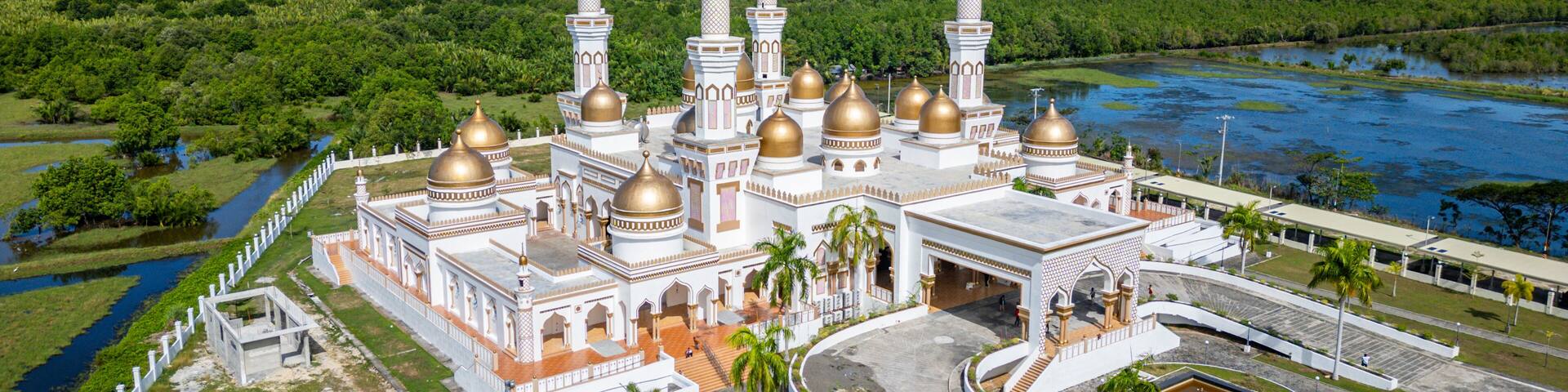 Aerial of Sultan Hassanal Bolkiah Masjid, Cotabato City, Bangsamoro Autonomous Region in Muslim Mindanao, Philippines