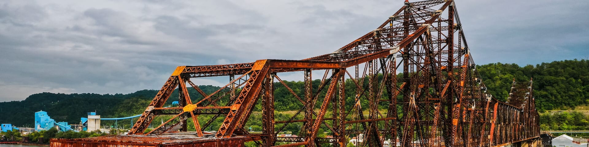 These are aerials of the abandoned cantilevered Bellaire Interstate Toll Bridge crosses the Ohio River between Bellaire, Ohio, and Benwood, West Virginia.