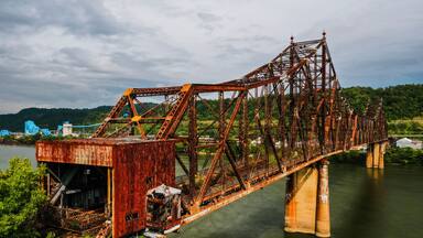 These are aerials of the abandoned cantilevered Bellaire Interstate Toll Bridge crosses the Ohio River between Bellaire, Ohio, and Benwood, West Virginia.