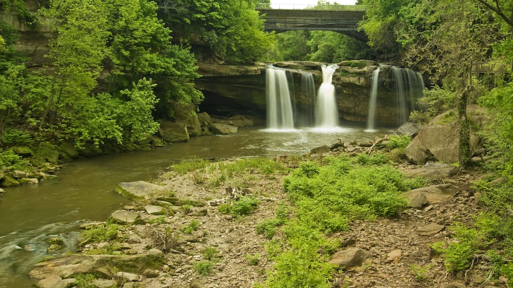East Falls in Elyria Ohio. This large waterfall is found in the middle of an urban area near Cleveland Ohio.; Shutterstock ID 31620121