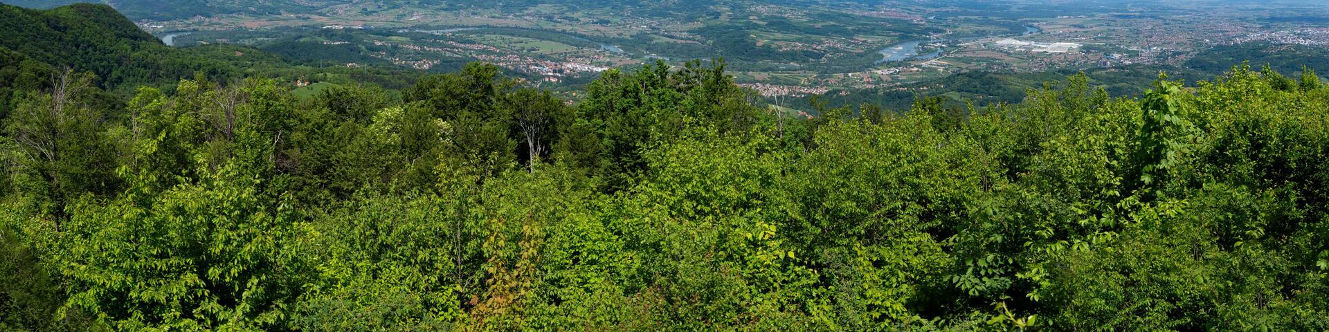 A panoramic view of a mountainous landscape with a river, dense forests, and a distant town.