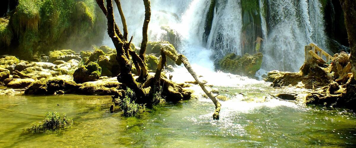 A waterfall cascading over rocks in a forested area.