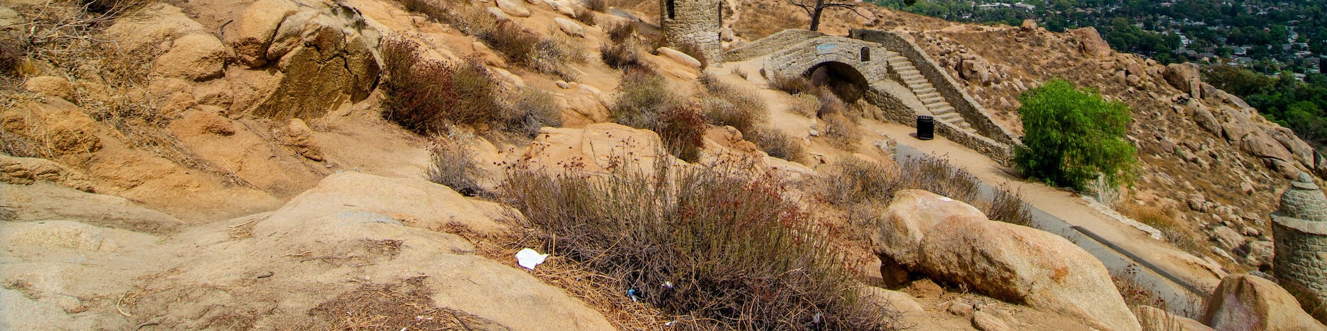 Beautiful shot of the stone cross tower in the Mount Rubidoux trail in California