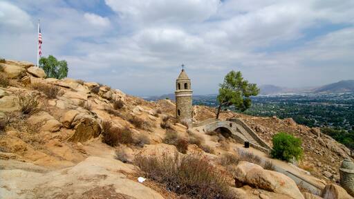 Beautiful shot of the stone cross tower in the Mount Rubidoux trail in California