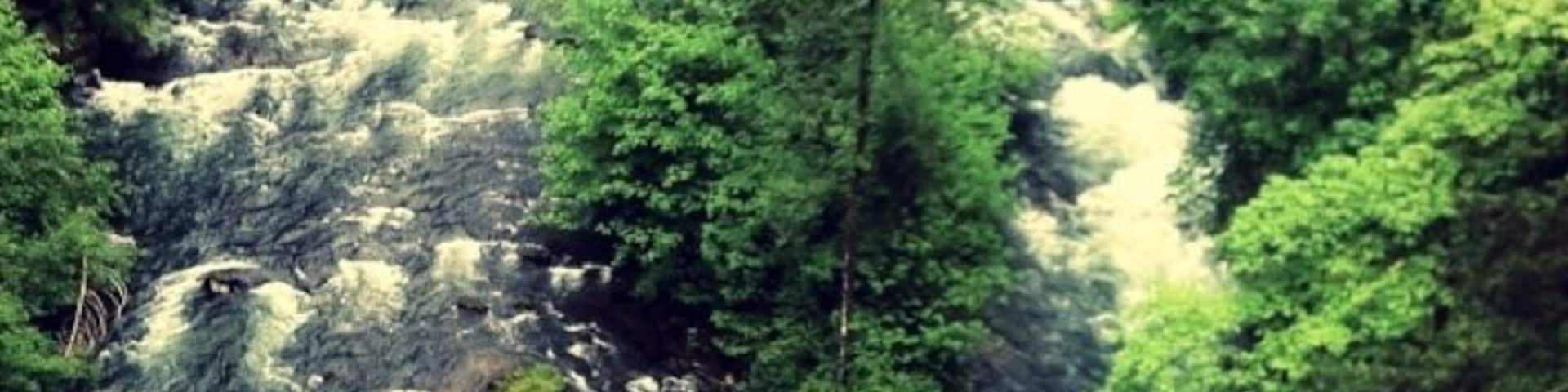 Taken from a narrow bridge high above the gorge. We saw two brave kayakers navigating the waters below. Perfect stop during a long bike ride around the region's country roads.