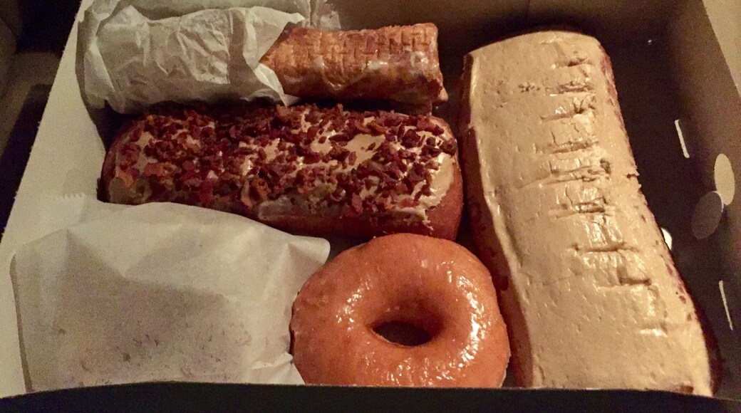 #foodiefinds The take home from my previous picture. Maple Bar, Bacon Maple Bar, old Fashioned, donut holes and cream filled roll.