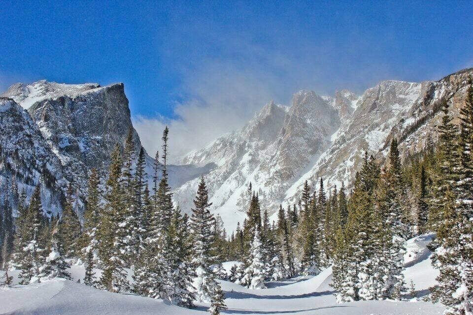 Paisagem montanhosa coberta de neve, com árvores perenes e um céu azul límpido.