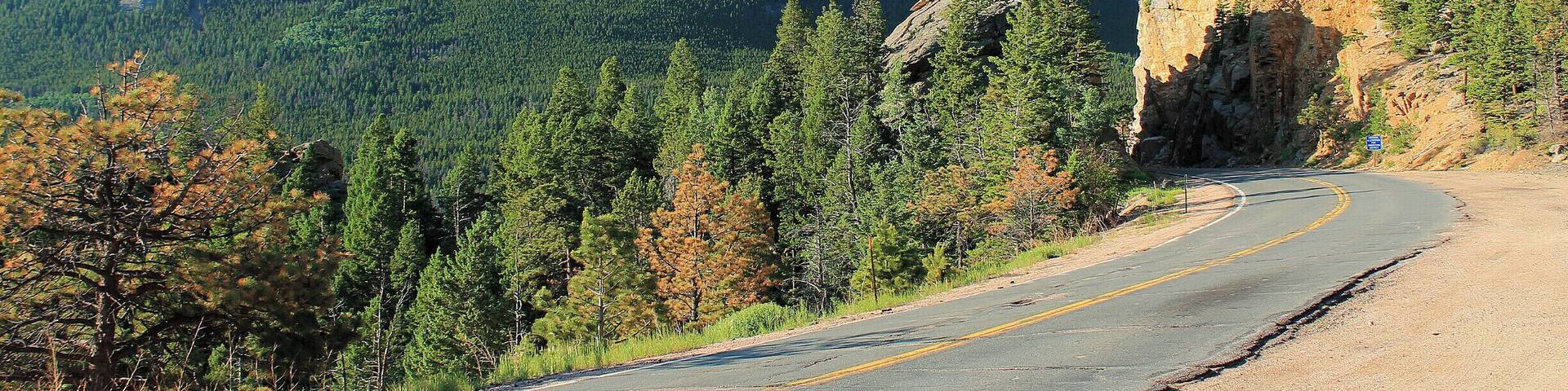 This is the start of the Peak to Peak Scenic Byway, as it comes out of Marys Lake. Its a beautiful drive, with some spectacular scenery.