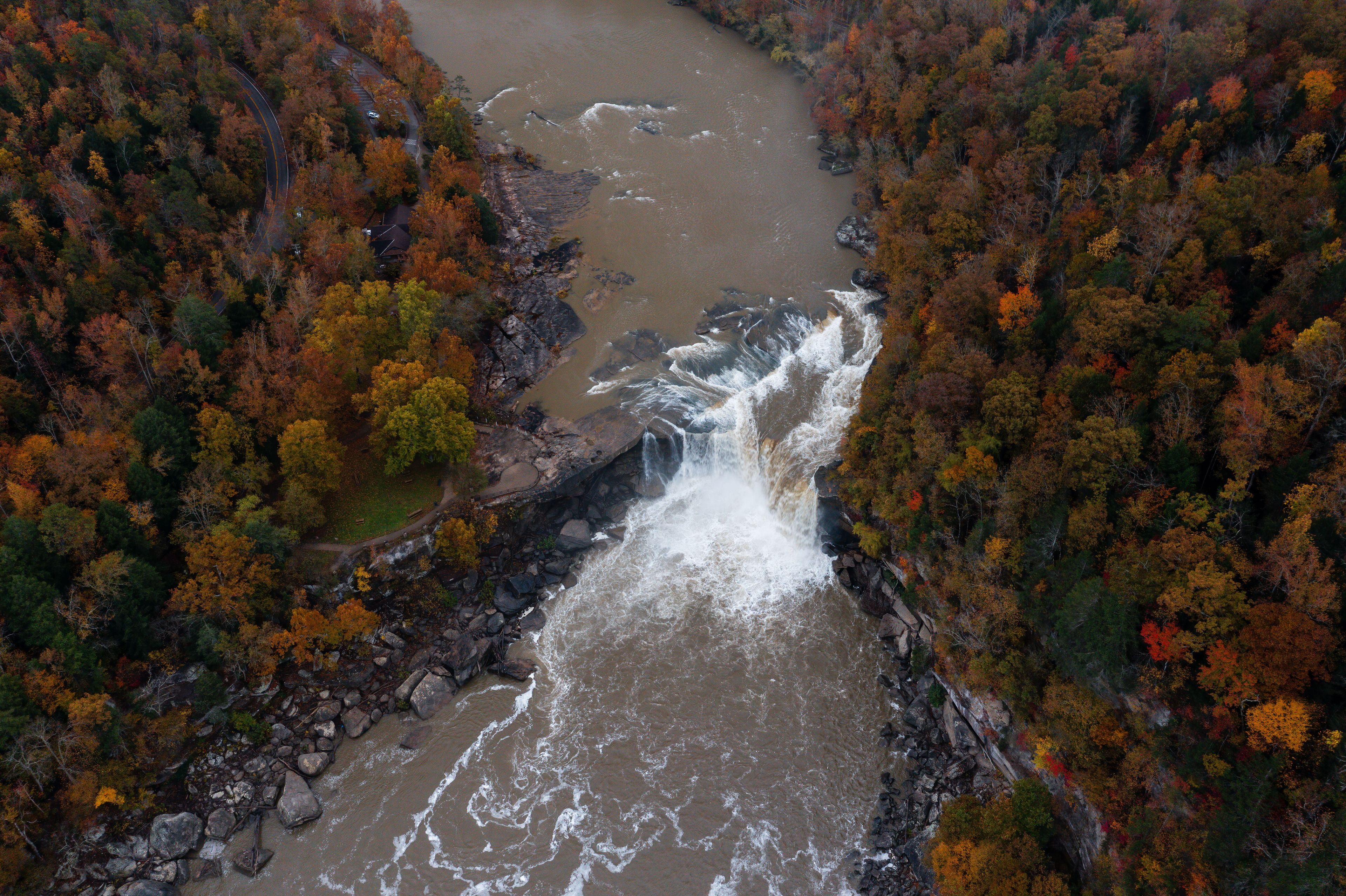 Aerial of Cumberland Falls - Long Exposure of Waterfall in Autumn - Cumberland Falls State Park - Appalachian Mountain Region - Kentucky