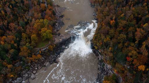 Aerial of Cumberland Falls - Long Exposure of Waterfall in Autumn - Cumberland Falls State Park - Appalachian Mountain Region - Kentucky