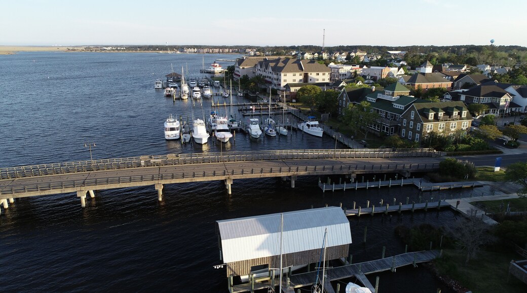 Waterfront Manteo North Carolina overhead view of shops and marina
