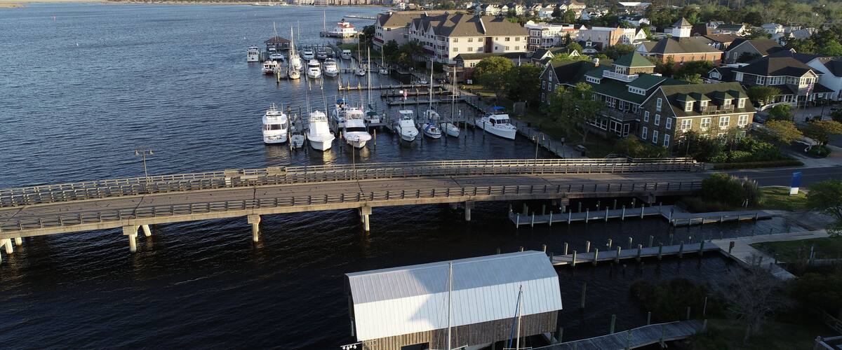Waterfront Manteo North Carolina overhead view of shops and marina