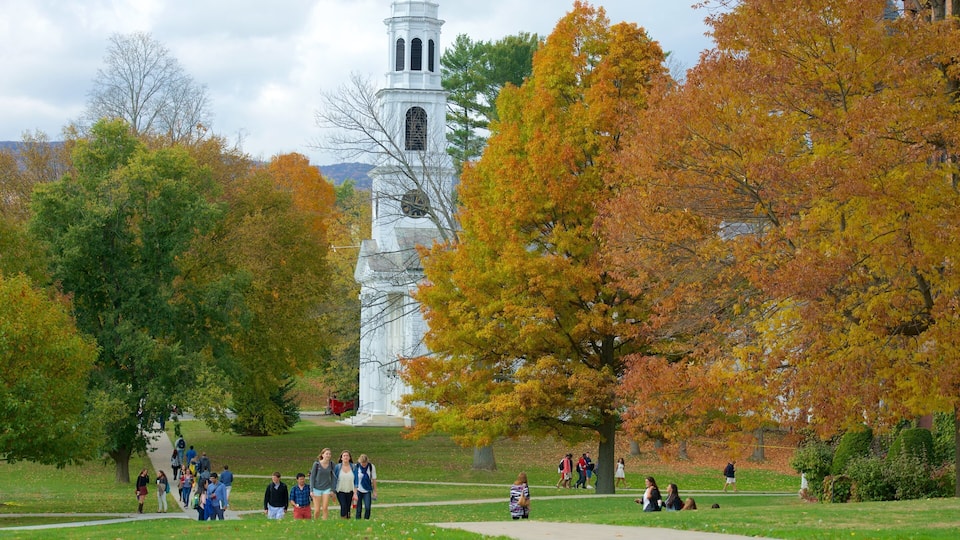 A park with autumn trees, a white clock tower, and people walking.