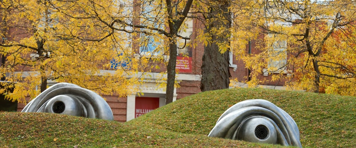 A sculpture of spirals in a grassy area with autumn trees and a building in the background.