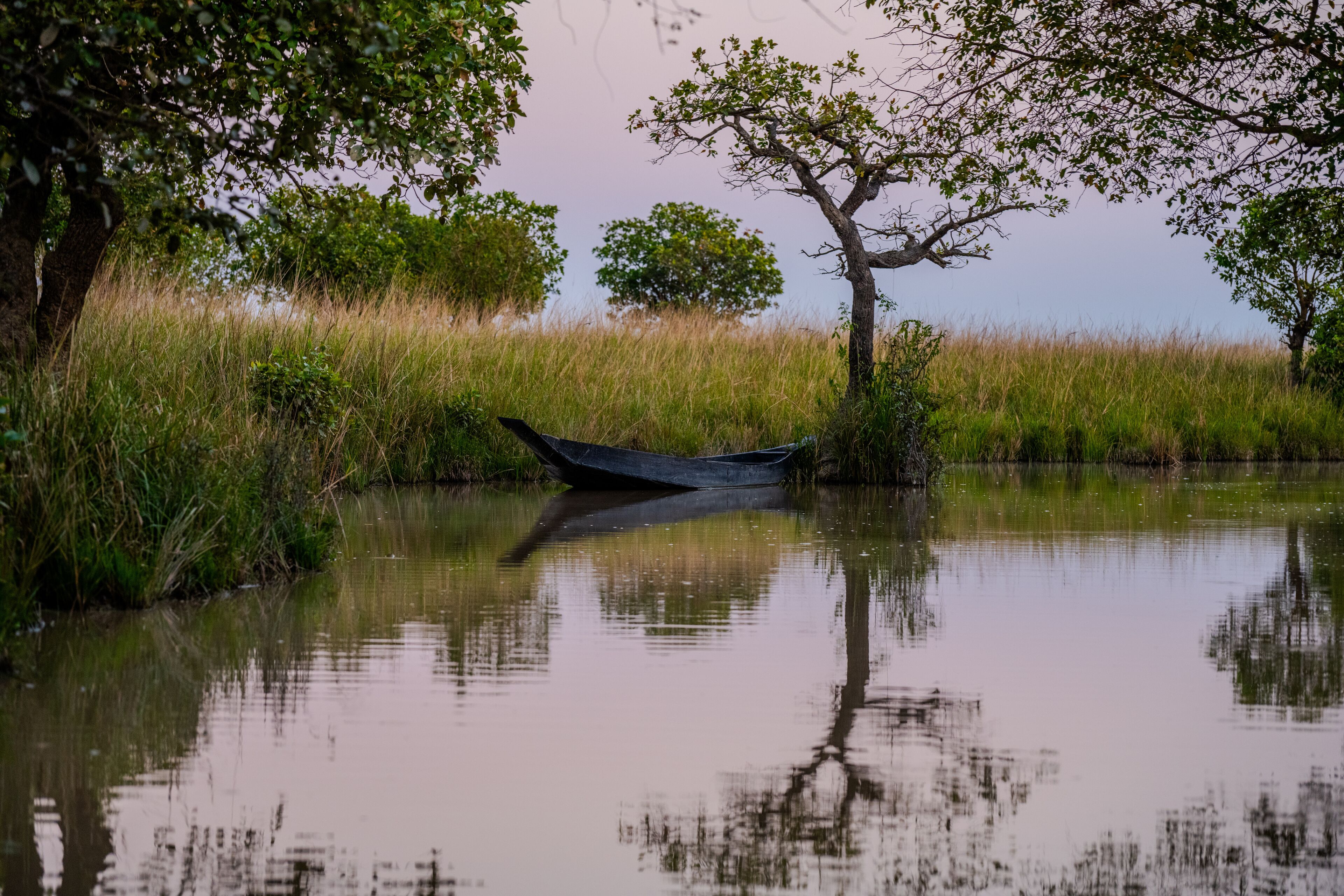 Serene Wetland Landscape with Traditional Wooden Boat at Dusk in Gowainghat, Sylhet, Bangladesh