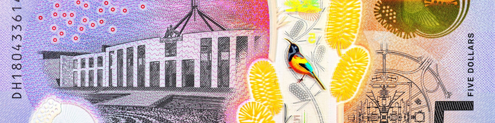 A five-dollar Australian banknote with a bridge, a bird, and a star.