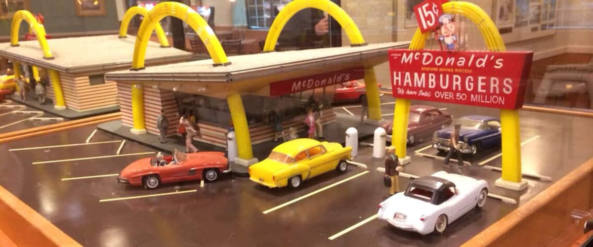 Site of the first McDonalds chain restaurant, opened here in 1955. Historic McDonalds memorabilia is displayed throughout the restaurant.