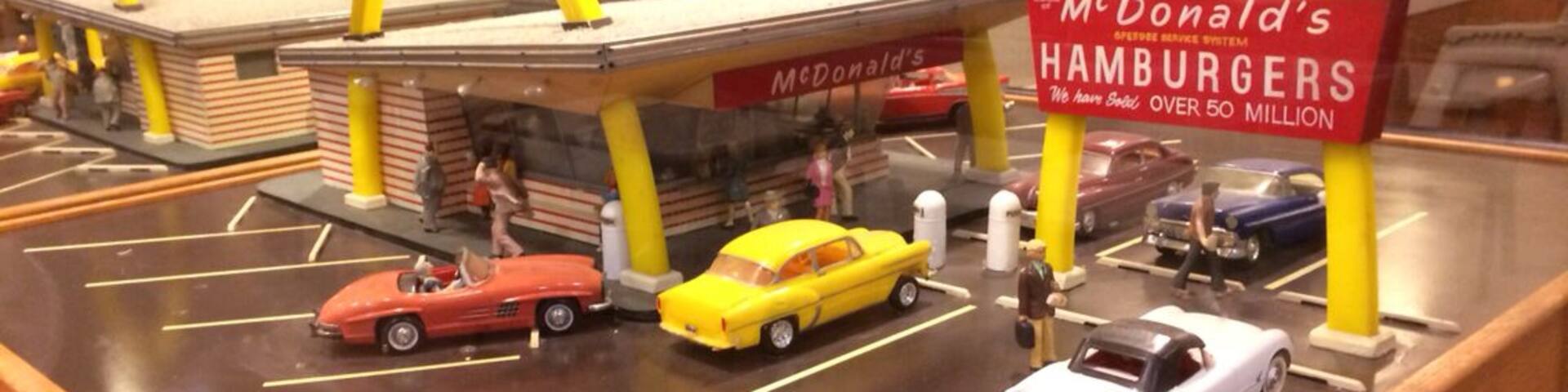 Site of the first McDonalds chain restaurant, opened here in 1955. Historic McDonalds memorabilia is displayed throughout the restaurant.