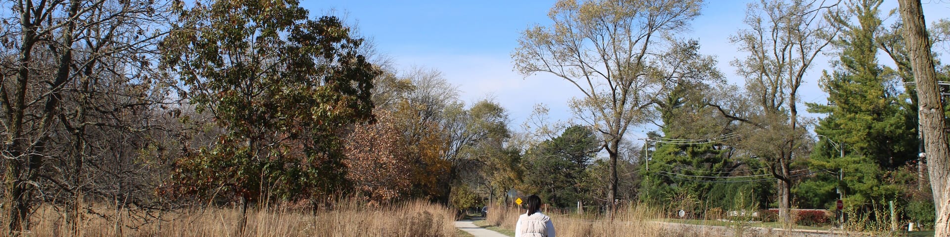 Woman walking on the Des Plaines River Trail in autumn at Iroquois Woods in Park Ridge, Illinois