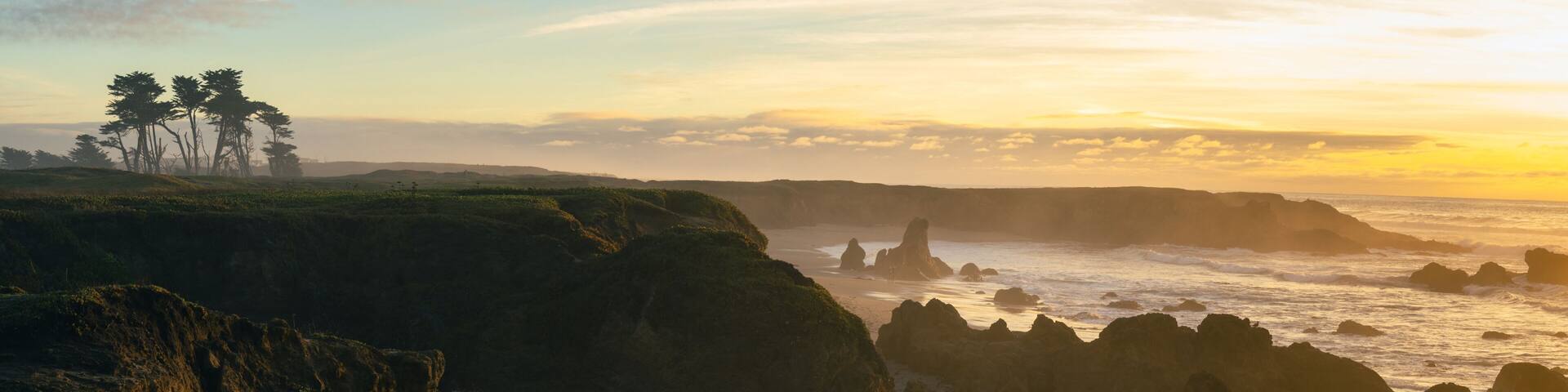 A coastal landscape with rocky cliffs, a sandy beach, and a group of trees.
